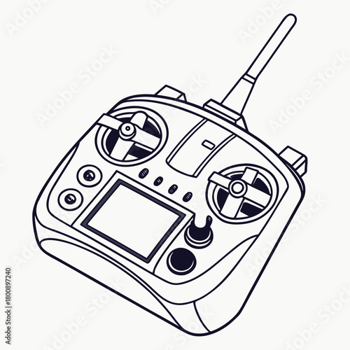 Detailed line art illustration of a drone remote control featuring multiple joysticks, buttons, and a screen, showcasing its design and functionality isolated on