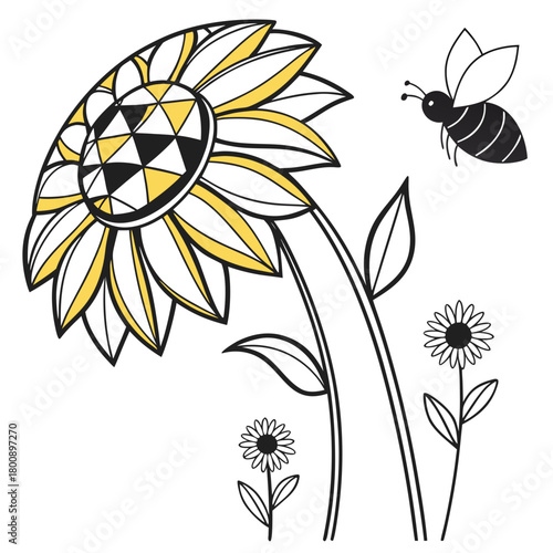 A charming line art illustration showcases a sunflower with a geometric center, accompanied by a buzzing bee and smaller sunflowers, isolated on