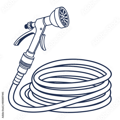 Illustration of a garden hose with a spray nozzle, coiled and ready for watering plants, isolated on perfect for gardening and outdoor tasks