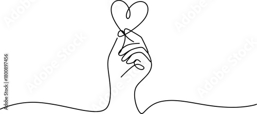 Minimalist continuous line art drawing of a human hand creating a delicate finger heart gesture, symbolizing love, affection, care, and unity on white background