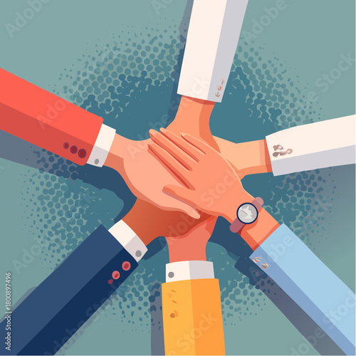 Hands of a business team stacked together in a huddle, a powerful conceptual symbol of unity, trust, cooperation, and shared goals