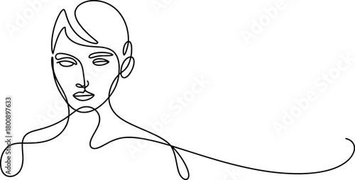 One continuous line drawing of a stylized female face and upper body, minimalist artistic doodle art, modern design element, beauty and simplicity.