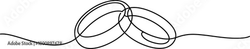 One continuous line drawing of two intertwined wedding rings, symbolizing eternal love, marriage, commitment, and union on a minimalist white background.