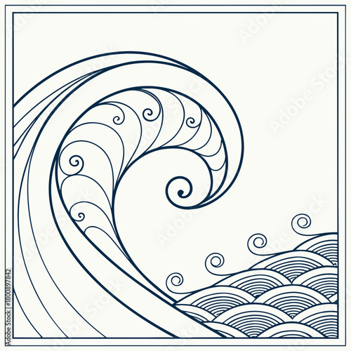 Illustration of a stylized wave isolated on, depicting ocean wave with swirls and foam, suitable for decorative or design purposes