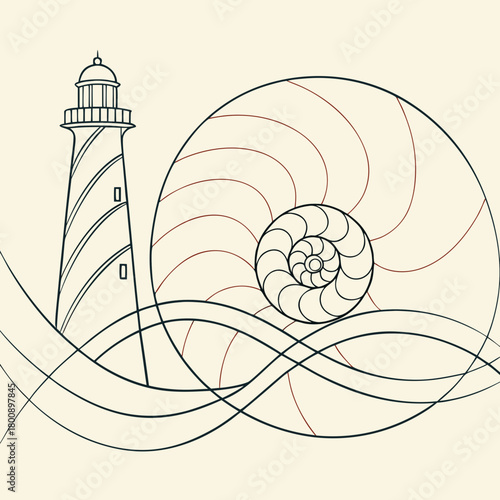 A captivating line drawing showcases a lighthouse standing tall amidst stylized waves, harmoniously juxtaposed with a nautilus shell, creating a serene coastal scene