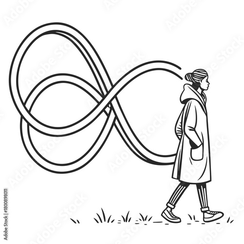 Contemplative woman walking with an infinity symbol connecting to her mind, isolated on, representing endless possibilities, thoughts, and the journey of life