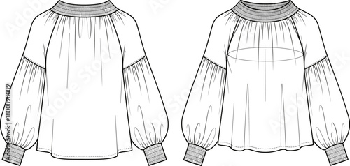 Loose fit women’s blouse fashion sketch, raglan sleeves, gathered cuffs, wide neckline design, technical flat illustration for apparel design template