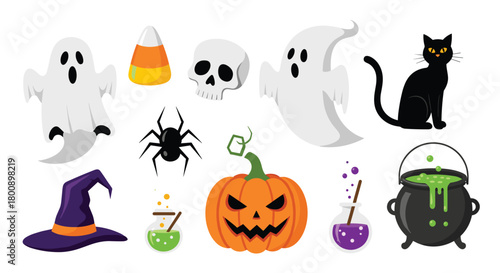 A collection of cute and spooky Halloween cartoon illustrations featuring ghosts, pumpkins, a witch hat, candy, and potions, perfect for holiday designs.