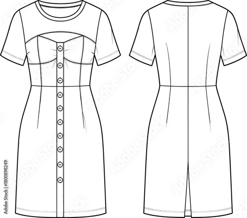 Modern button-front short sleeve dress fashion flat, detailed garment sketch, technical clothing template for sewing patterns, apparel designers, and fashion illustration projects