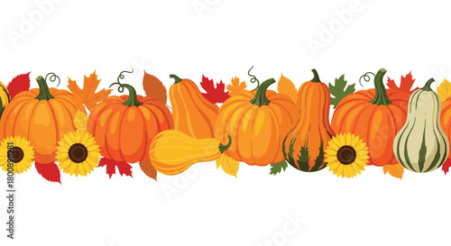 Seamless autumn border with colorful pumpkins, gourds, sunflowers, and fall leaves, perfect for Thanksgiving, harvest, or seasonal designs.