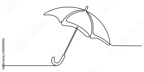 Continuous line drawing of an open umbrella with a curved handle, minimalist illustration symbolizing protection and shelter from rain, white background.