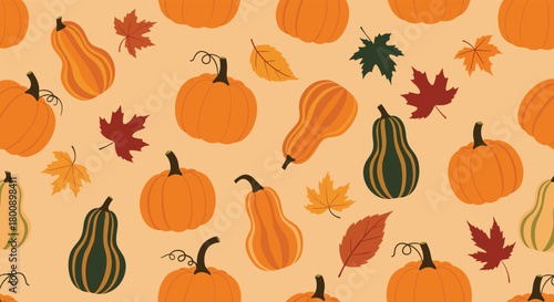 A cheerful autumn seamless pattern features various types of orange pumpkins, striped gourds, and colorful fall leaves scattered on a warm peach background.