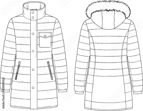 Puffer jacket technical flat sketch, winter padded coat design with hood, front and back illustration, fashion outerwear template for apparel designers