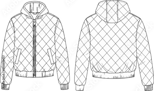 Quilted hooded bomber jacket technical flat sketch, detailed apparel design illustration showing front and back views for fashion designers and manufacturers