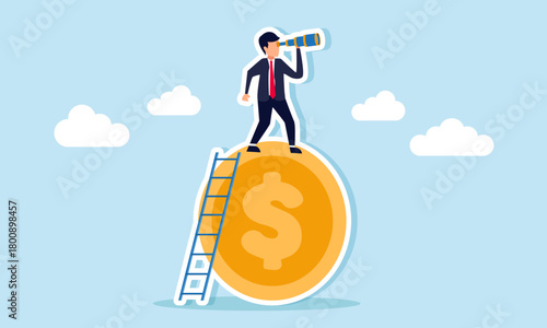 Businessman climbing a dollar coin using a ladder to look ahead with a telescope illustration of business financial analysis and evaluation