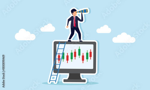 Businessman climbing a monitor showing candlestick charts using a ladder to look ahead with a telescope illustration of analyzing stock performance and business progress