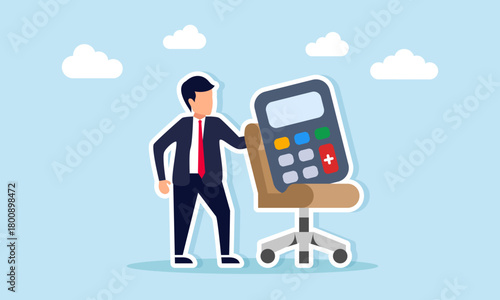 Businessman standing near an office chair with a calculator illustration of company budgeting management calculations