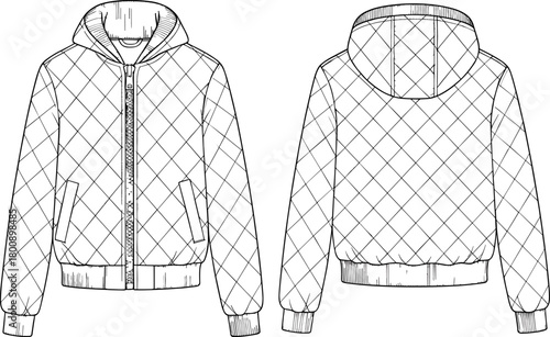 Quilted hooded jacket technical flat sketch, detailed front and back apparel design illustration showing padded outerwear construction for fashion designers and manufacturers