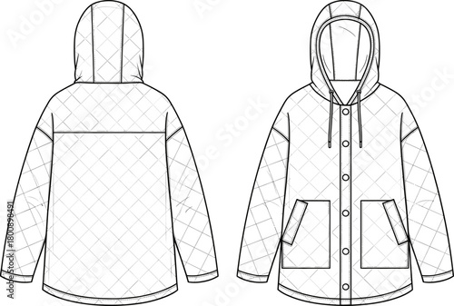 Quilted hooded jacket technical flat sketch with front pockets, snap button closure, long sleeves, outerwear design template, detailed fashion illustration