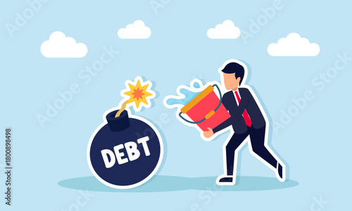 Businessman trying to extinguish a burning debt bomb with a bucket of water illustration of paying off company debt