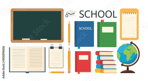 A collection of school supplies and educational items arranged on a white background, perfect for back to school or learning concepts.