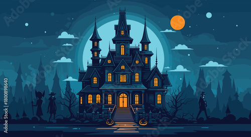 Pixel art illustration of a spooky haunted house on a dark Halloween night with a full moon, eerie forest, and mysterious costumed figures.