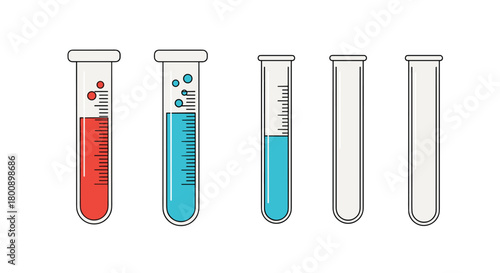 Illustrated representation of five laboratory test tubes with varying liquid levels, colored solutions, bubbles, and empty tubes for scientific experiments.