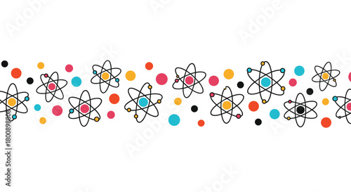 Vibrant atomic models and scattered colorful dots create a lively science and technology themed horizontal pattern on a clean white backdrop.