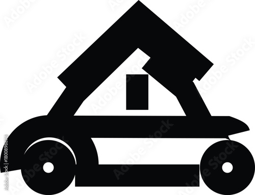 Abstract Black and White Logo of a House on Wheels: Modern Geometric Design for Real Estate, Moving, or Transportation Business