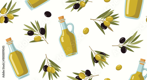 Seamless pattern featuring olive oil bottles, olive branches with green and black olives scattered across a clean white background.