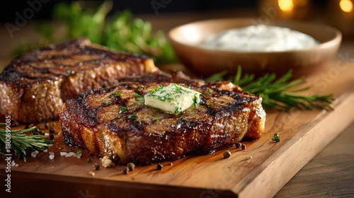 Grilled Steak With Butter And Herbs On Wooden Board With Side Dish