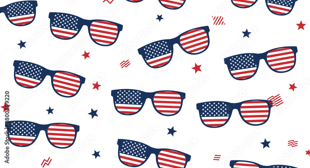 Fototapeta premium Festive seamless pattern of American flag sunglasses and scattered stars on a white background, ideal for patriotic celebrations.