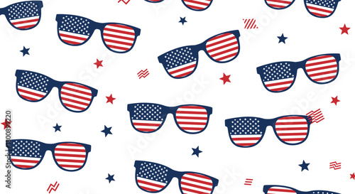Festive seamless pattern of American flag sunglasses and scattered stars on a white background, ideal for patriotic celebrations.