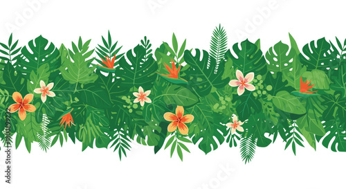 Tropical jungle border with lush green foliage and vibrant flowers, perfect for summer designs and nature-themed backgrounds.