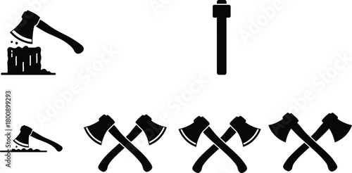 Set of axe and hatchet silhouette icons, wood chopping tools vector illustration, lumberjack and camping equipment collection for forestry, logging, and outdoor activities