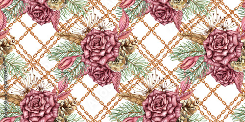 Burgundy roses, fir branches, cones, dry branches, dried flowers, leaves and chains - seamless pattern, watercolor illustration. Isolated, suitable for Christmas and New Year wrapping paper, fabric, 