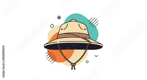 A modern vector illustration of a classic beige safari hat or pith helmet with a chin strap, set against vibrant abstract shapes and geometric accents.