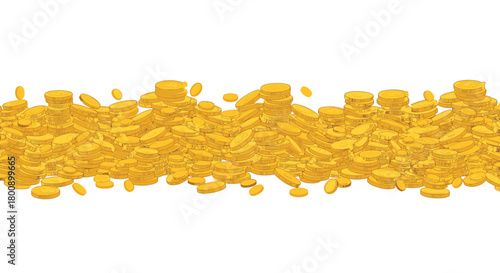 A large, scattered pile of shiny golden coins and stacked gold coin towers on a clean white background, symbolizing wealth, prosperity, and financial success.