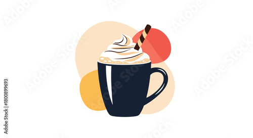 A charming illustration of a warm beverage in a dark blue mug, topped with fluffy whipped cream and a striped wafer stick, on an abstract background.