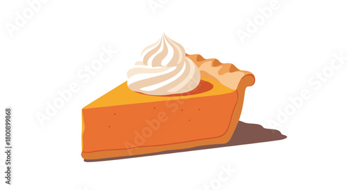 A classic triangular slice of pumpkin pie topped with a generous swirl of white whipped cream, isolated on a clean white background.