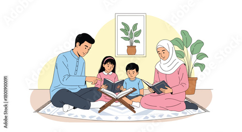 Flat vector illustration of Islamic family reading Quran together at home using traditional book stand. Solid tones, no gradients, spiritual Muslim family lifestyle scene