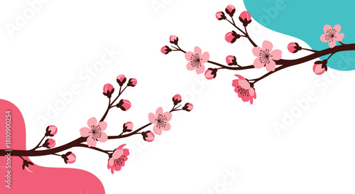 Elegant cherry blossom branches with delicate pink flowers and buds diagonally frame a white background, accented by soft pastel shapes, evoking spring.