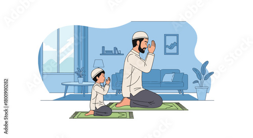 Flat vector Muslim father guiding young son through salah movements on prayer mats. Solid colors, no gradients, warm Islamic parenting and religious education scene
