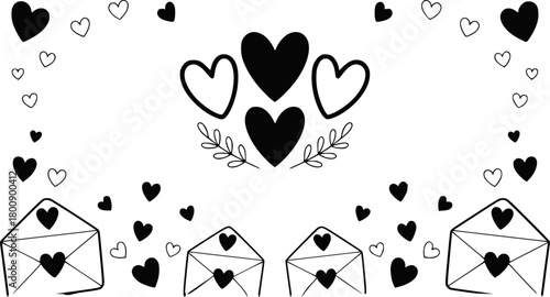 Black and White Hearts and Envelopes with Romantic Theme