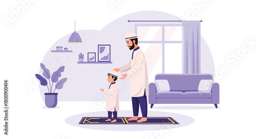 Flat vector Muslim father guiding young son through salah movements on prayer mats. Solid colors, no gradients, warm Islamic parenting and religious education scene