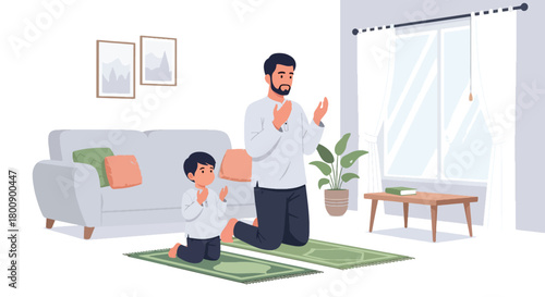 Flat vector Muslim father guiding young son through salah movements on prayer mats. Solid colors, no gradients, warm Islamic parenting and religious education scene