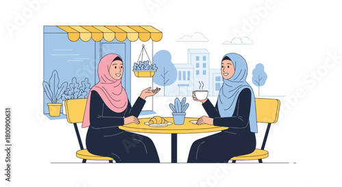 Flat vector Muslim women wearing hijabs chatting at an outdoor café. Solid color palette, no gradients, modern Islamic social lifestyle and sisterhood theme