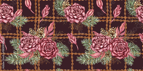 Burgundy roses, fir branches, cones, dry branches, dried flowers, leaves and chains seamless pattern, watercolor illustration. Isolated Deep Maroon, suitable for Christmas and New Year wrapping paper