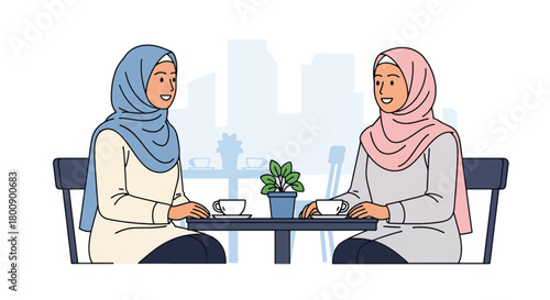 Flat vector Muslim women wearing hijabs chatting at an outdoor café. Solid color palette, no gradients, modern Islamic social lifestyle and sisterhood theme