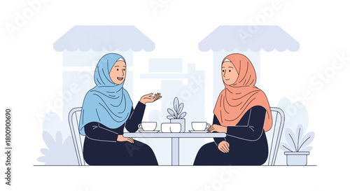 Flat vector Muslim women wearing hijabs chatting at an outdoor café. Solid color palette, no gradients, modern Islamic social lifestyle and sisterhood theme